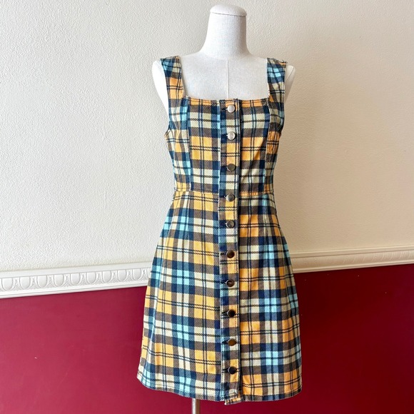 Urban Outfitters Dresses & Skirts - Urban Outfitters Button Down Denim Mini Dress Blue & Yellow Plaid Womens 6 Retro